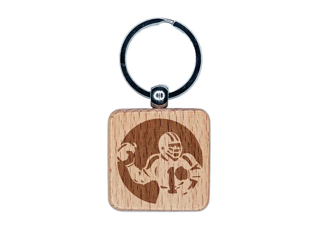 American Football Quarterback Throwing Ball Engraved Wood Square Keychain Tag Charm